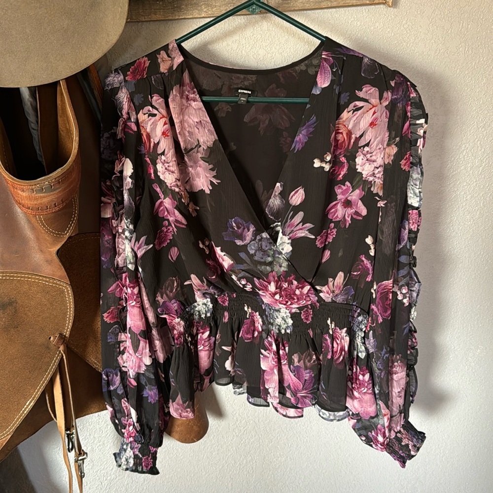 Express floral faux wrap top with ruffles. Size medium, never worn